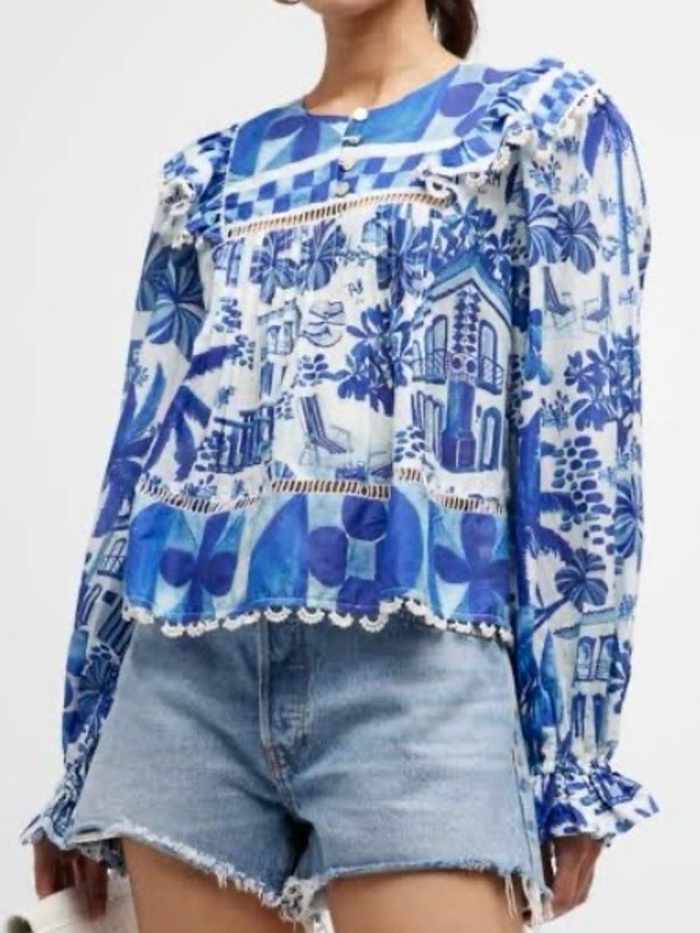 FARM Rio Sweet Rio Mix Print Cotton Blouse Tropical Ruffle Lace Blue White Sz S